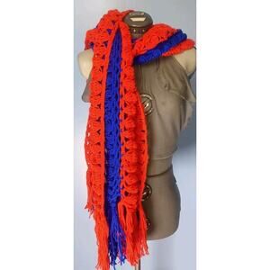 Vintage Crocheted Scarf Wrap Neck Handmade Chick Boho Red Blue Hand Knit Fringe
